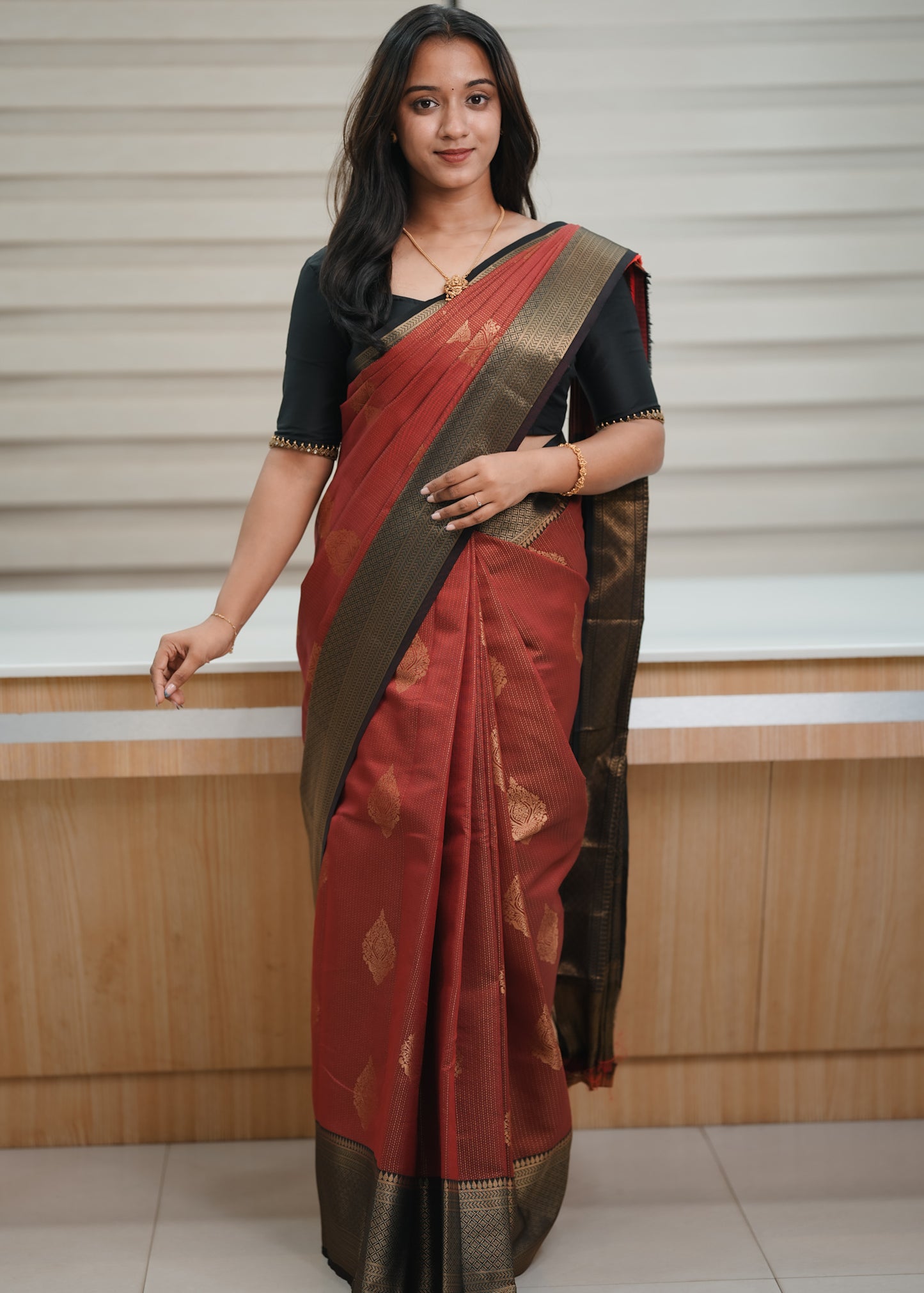 Brocade Silk Saree - Maroon with black Contrast Zari Border 🍂