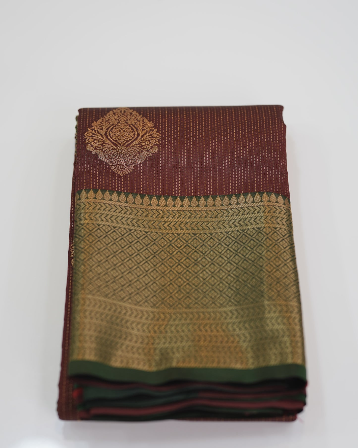 Brocade Silk Saree - Brown with Green Contrast Zari Border 🍂