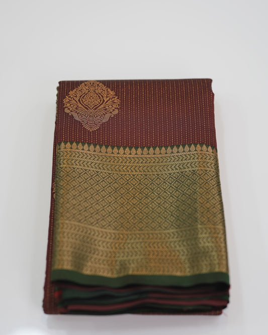 Brocade Silk Saree - Brown with Green Contrast Zari Border 🍂