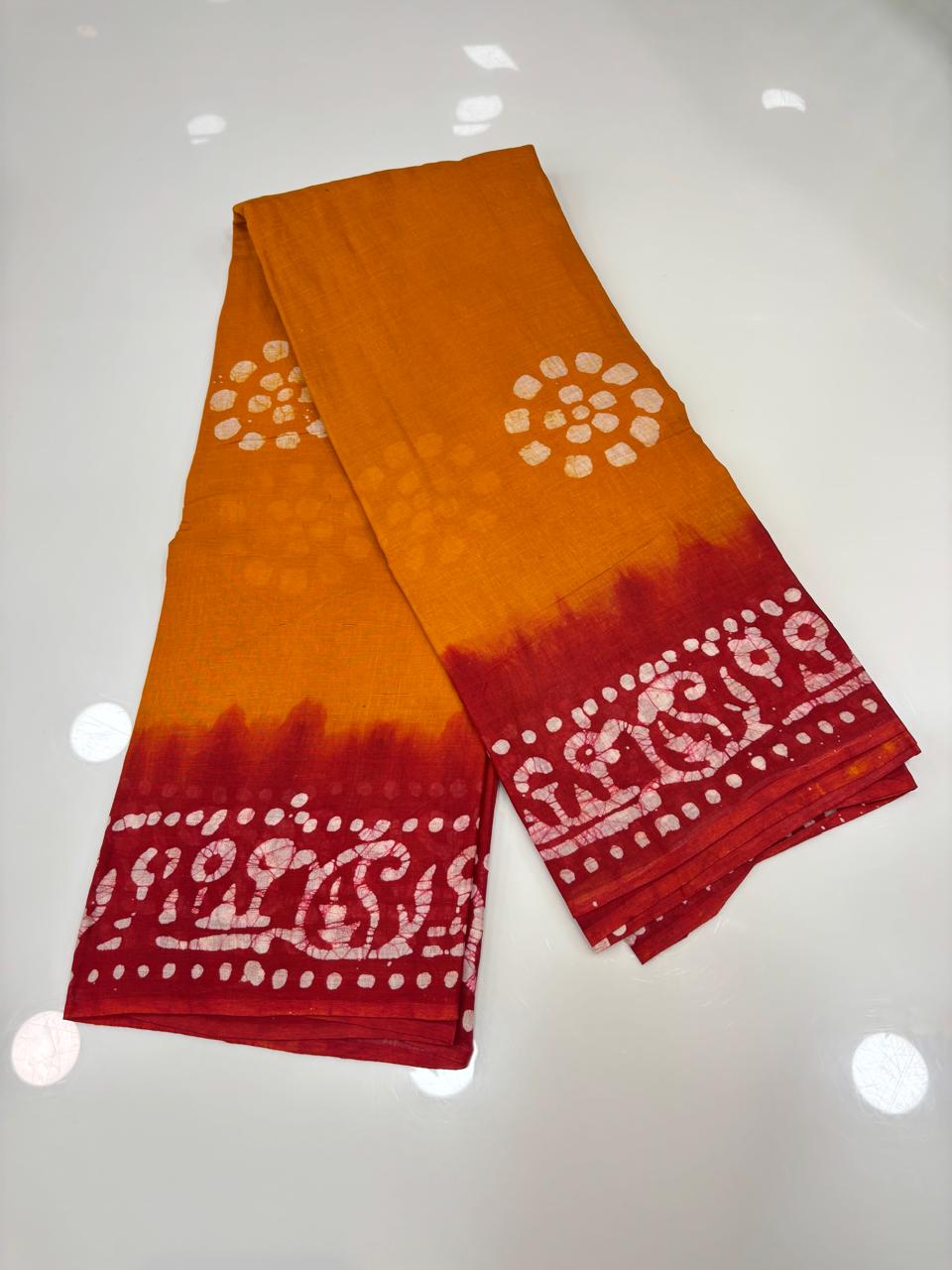 Hand Printed Cotton Saree β Orange with Red Contrast Border πΏ