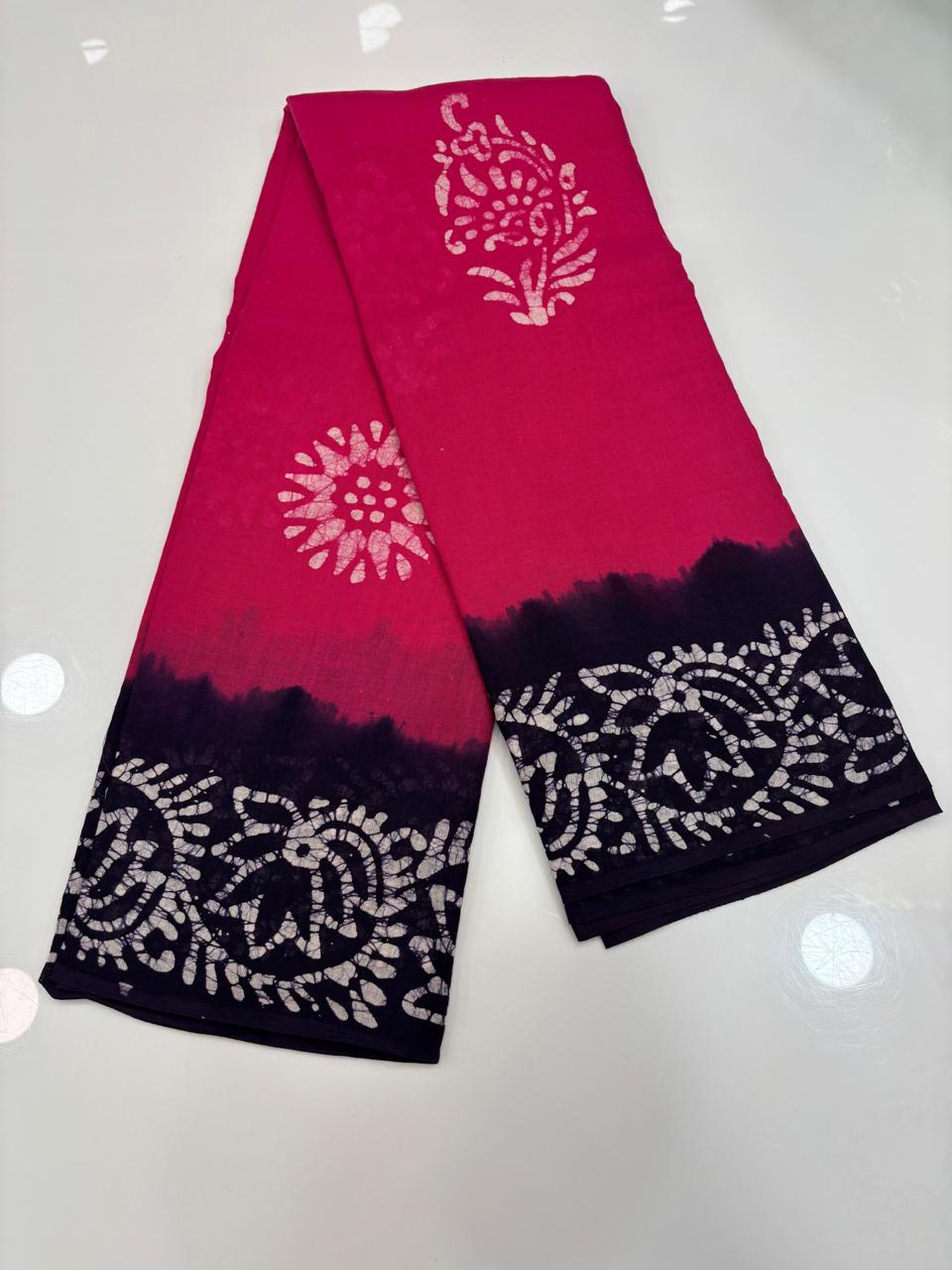 Hand Printed Cotton Saree β pink with blue Contrast Border πΏ