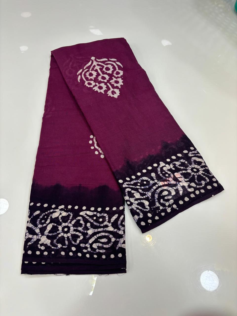 Hand Printed Cotton Saree β Grape with dark blue Contrast Border πΏ
