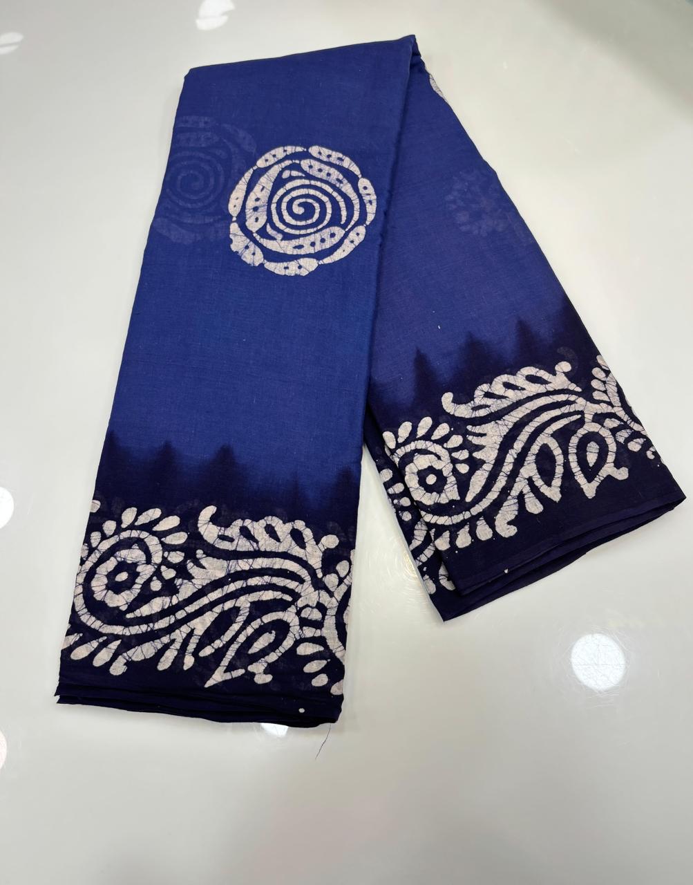 Hand Printed Cotton Saree β Blue with dark blue Contrast Border πΏ