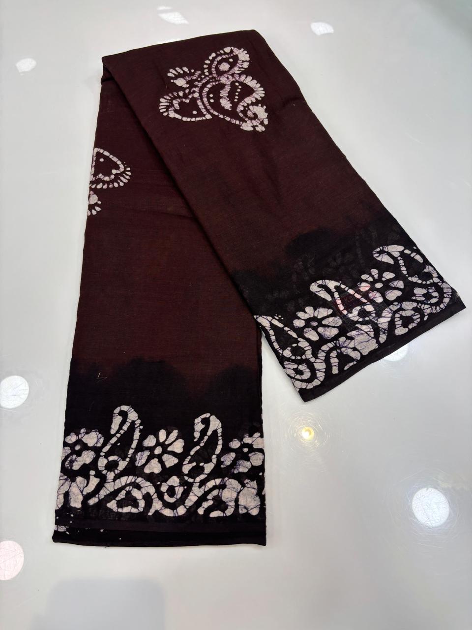 Hand Printed Cotton Saree – coffee with Black Contrast Border 🌿