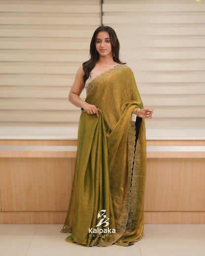 Light green gold double shade Fancy Saree with Stone Work Border 🌸
