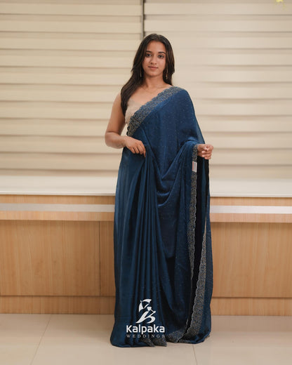 Teal blue Fancy Saree with Stone Work Border 🌸