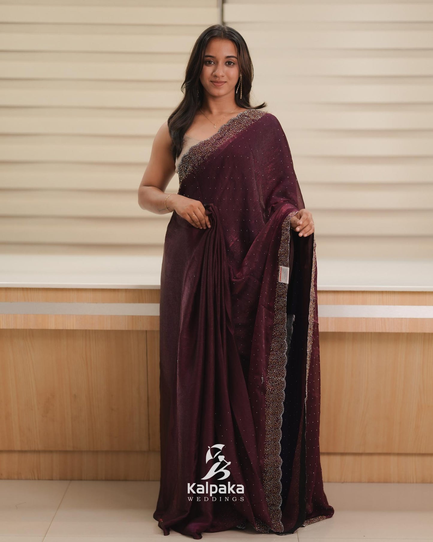 Wine shade Fancy Saree with Stone Work Border 🌸