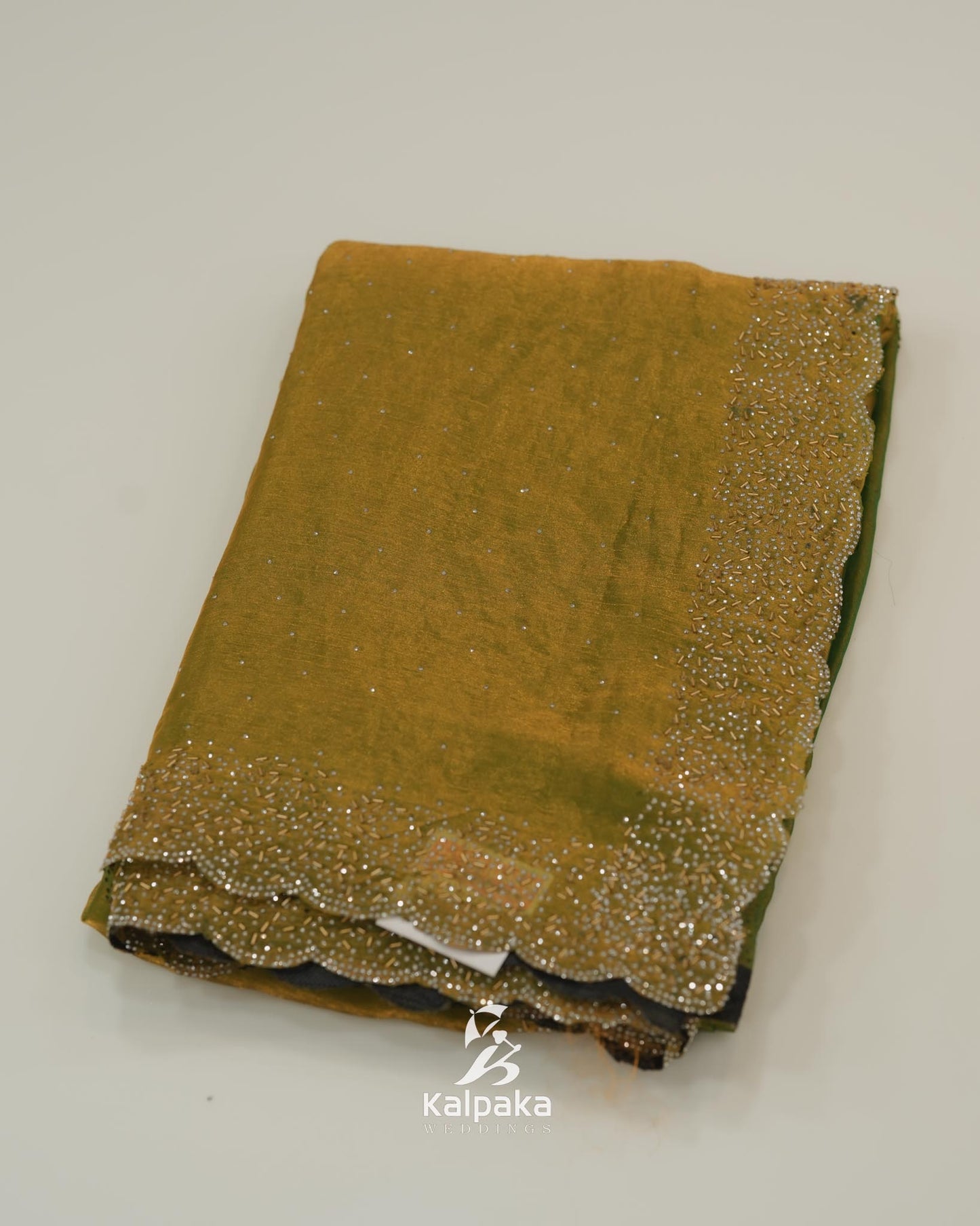 Light green gold double shade Fancy Saree with Stone Work Border 🌸