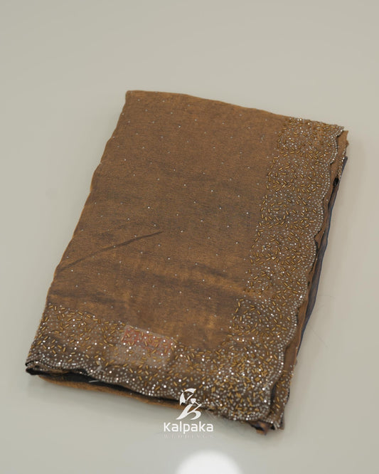 Grey and gold double shade Fancy Saree with Stone Work Border 🌸