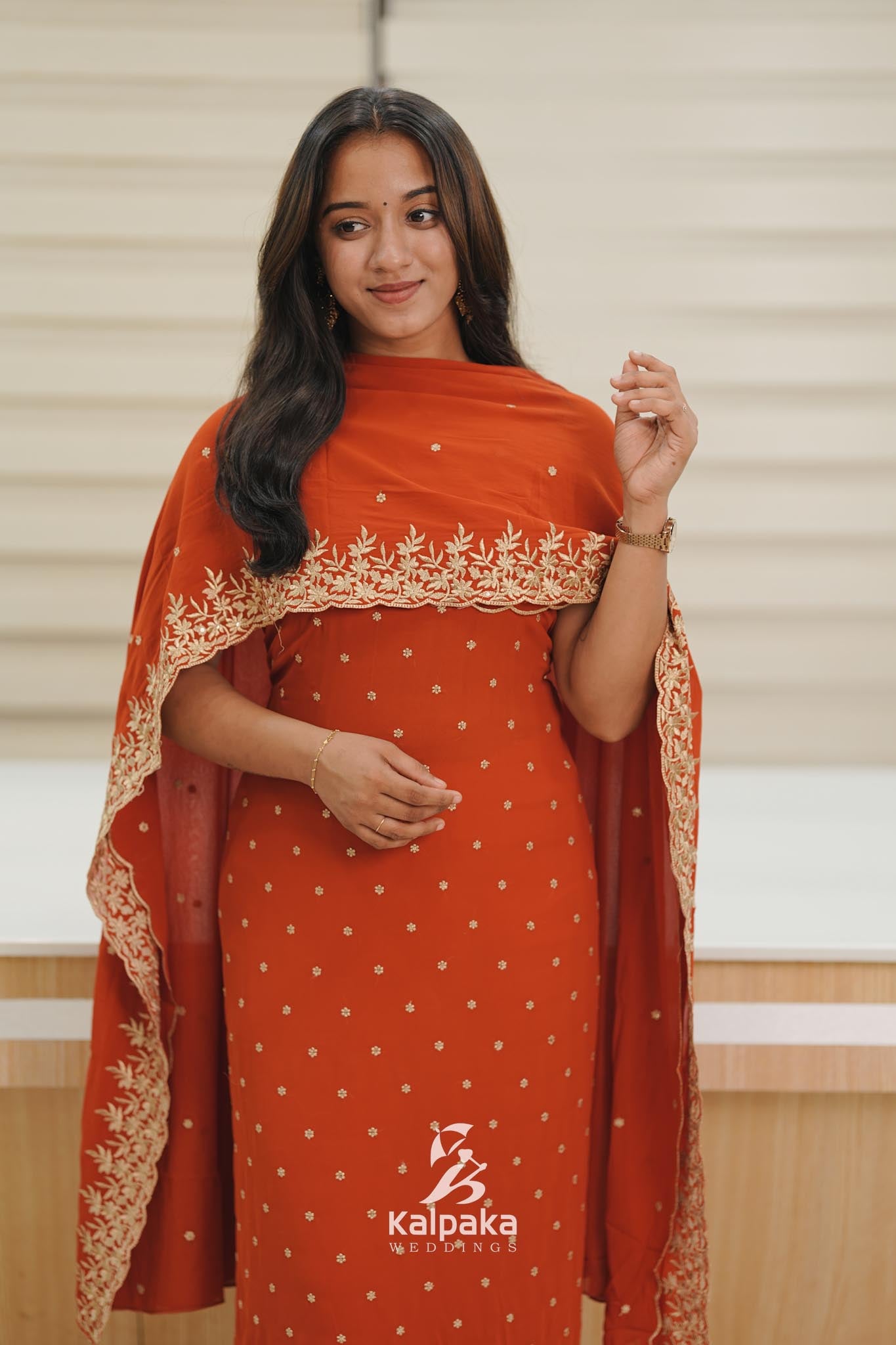 Georgette unstitched salwar Set- Burnt orange with golden