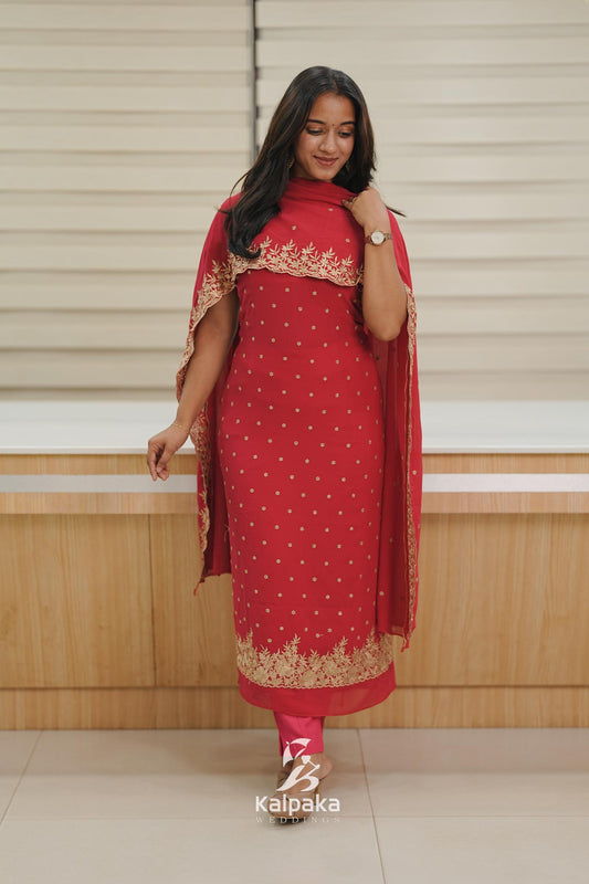 Georgette unstitched salwar Set- Rani pink  with golden