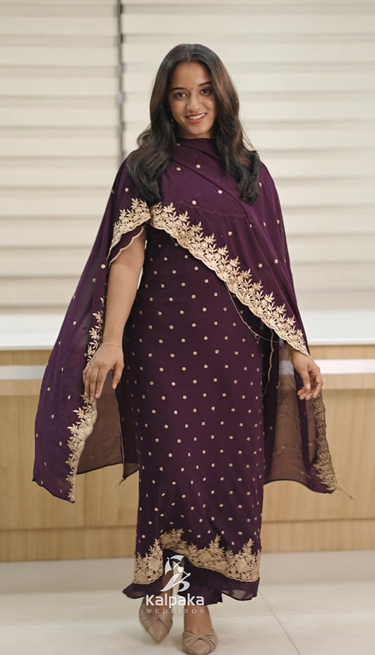Georgette unstitched salwar Set-  Purple with golden