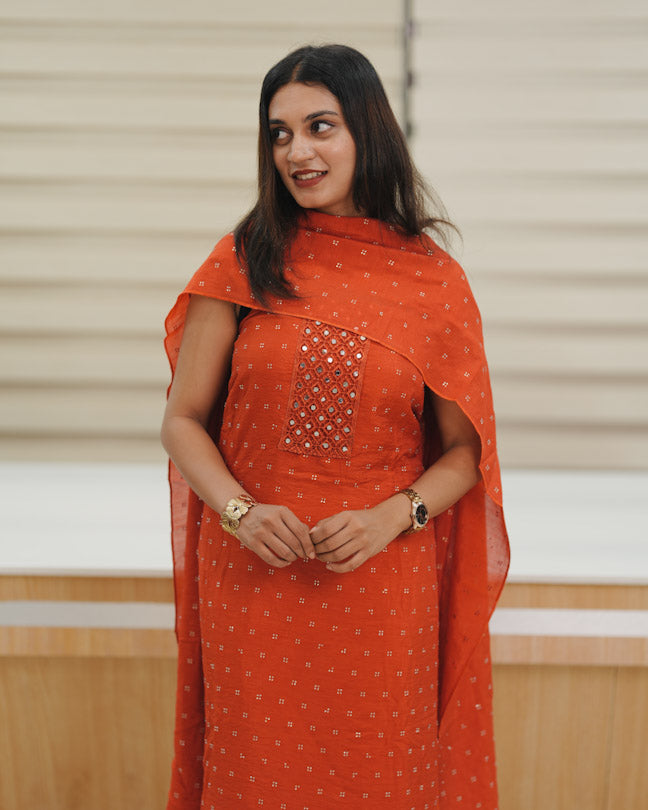 Kashmiri silk Unstitched Salwar set - Orange shade