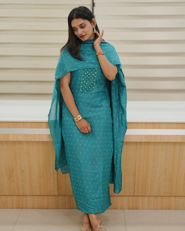 Kashmiri silk Unstitched Salwar set - Teal blue shade