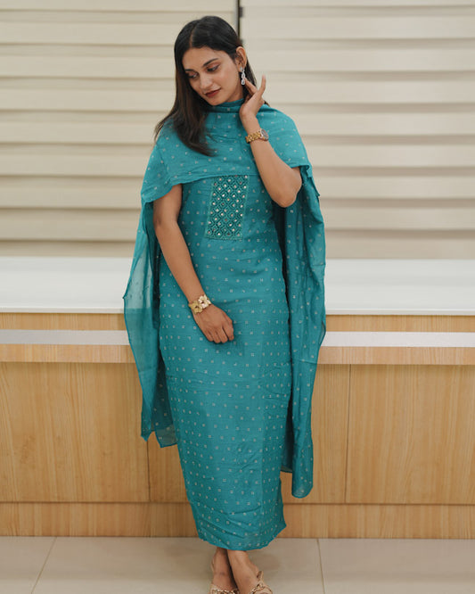 Kashmiri silk Unstitched Salwar set - Teal blue shade