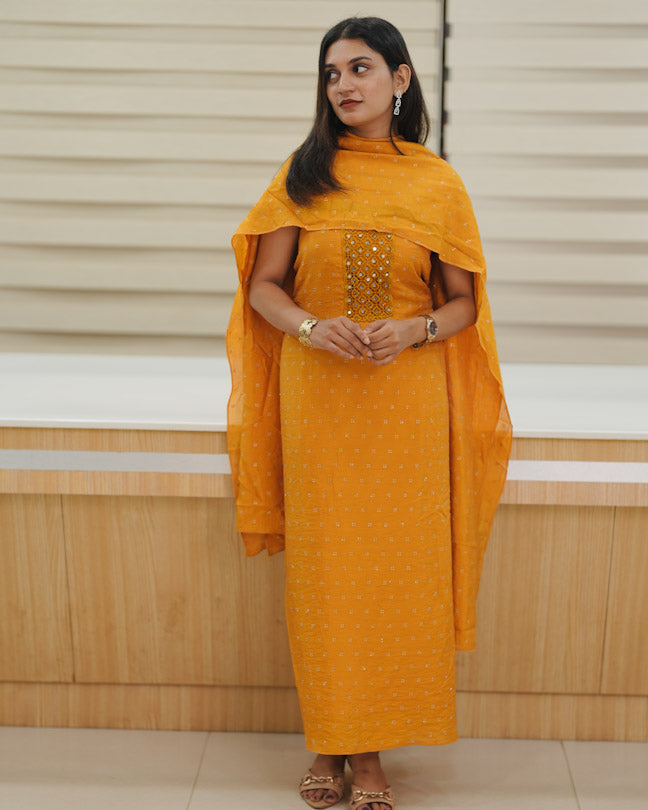 Kashmiri silk Unstitched Salwar set - Yellow