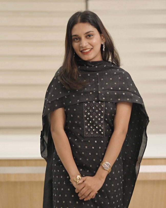 Kashmiri silk Unstitched Salwar set - Black