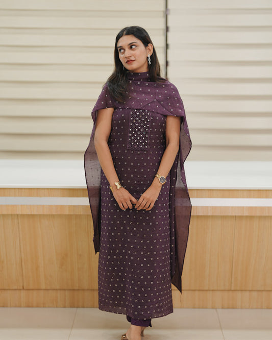 Kashmiri silk Unstitched Salwar set - purple shade