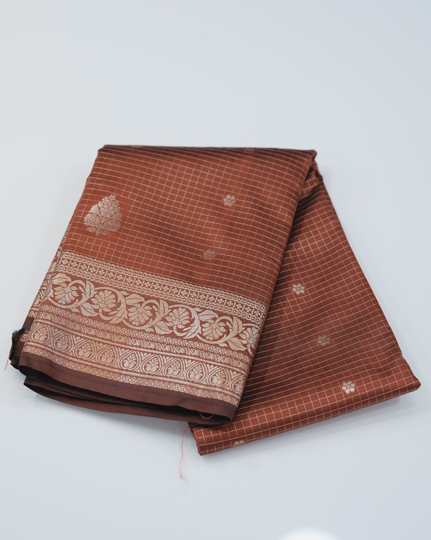 Checked Silk Saree-  Brick with golden zari border🍁