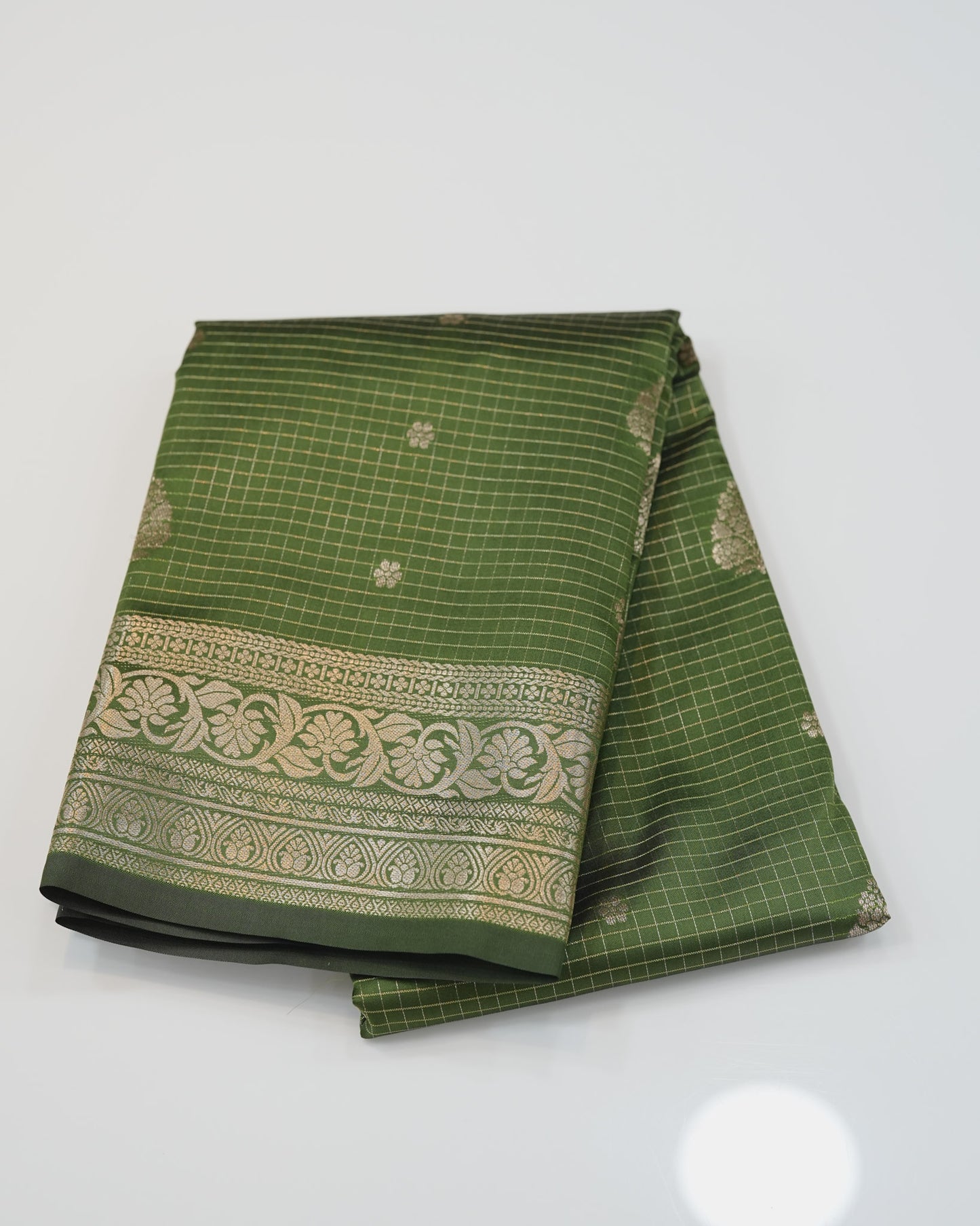 Checked Silk Saree-  Olive Green  with golden zari border