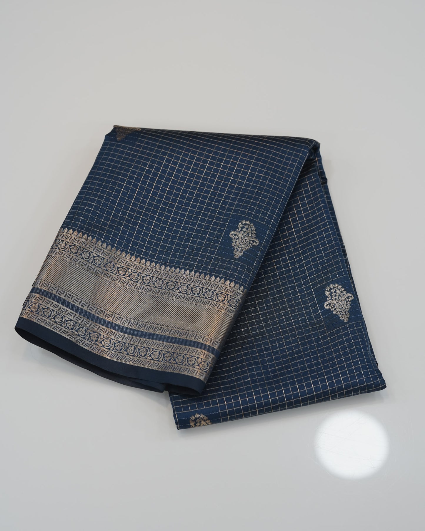 Checked Silk Saree-  Teal blue  with golden zari border🍁