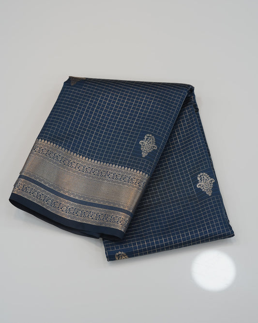 Checked Silk Saree-  Teal blue  with golden zari border🍁
