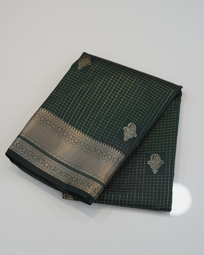 Checked Silk Saree-  Bottle Green  with golden zari border🍁