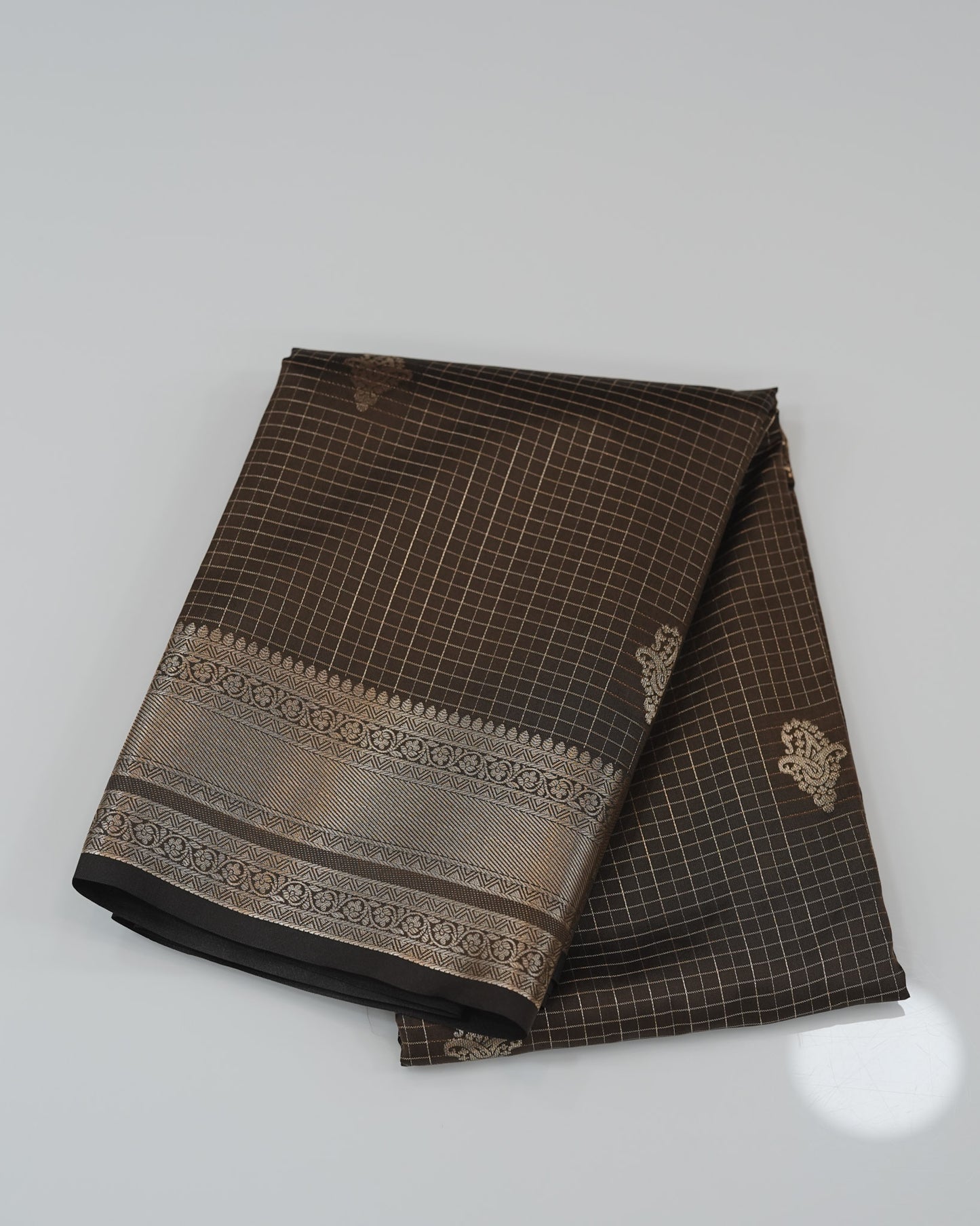 Checked Silk Saree-  Dark kakhi with golden zari border🍁