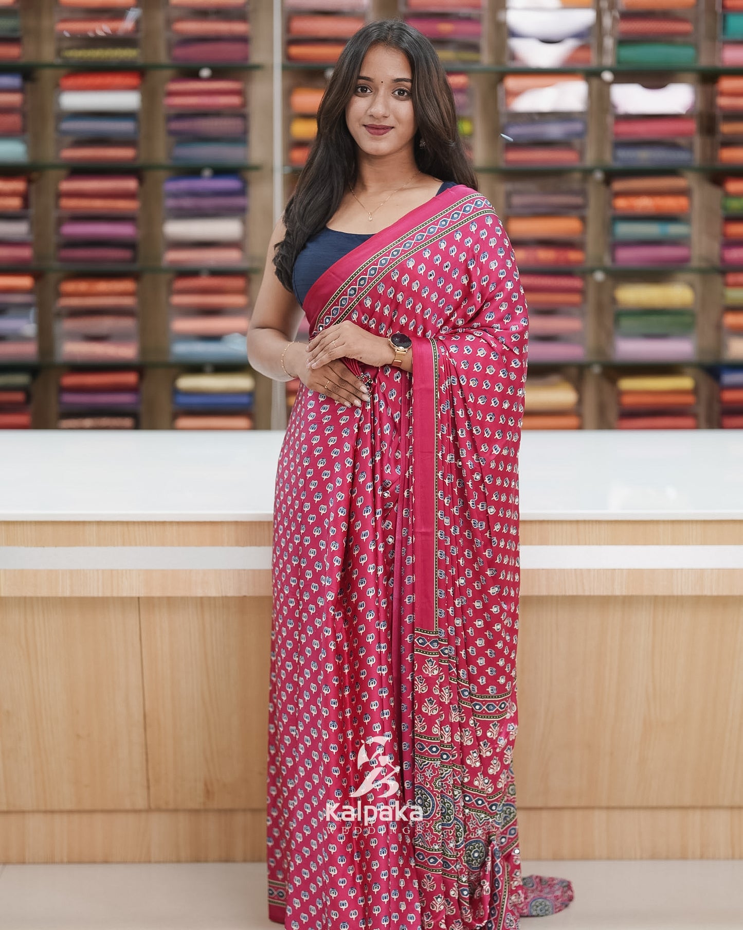 Semi-Modal Printed Saree with Mirror Highlights 🌷