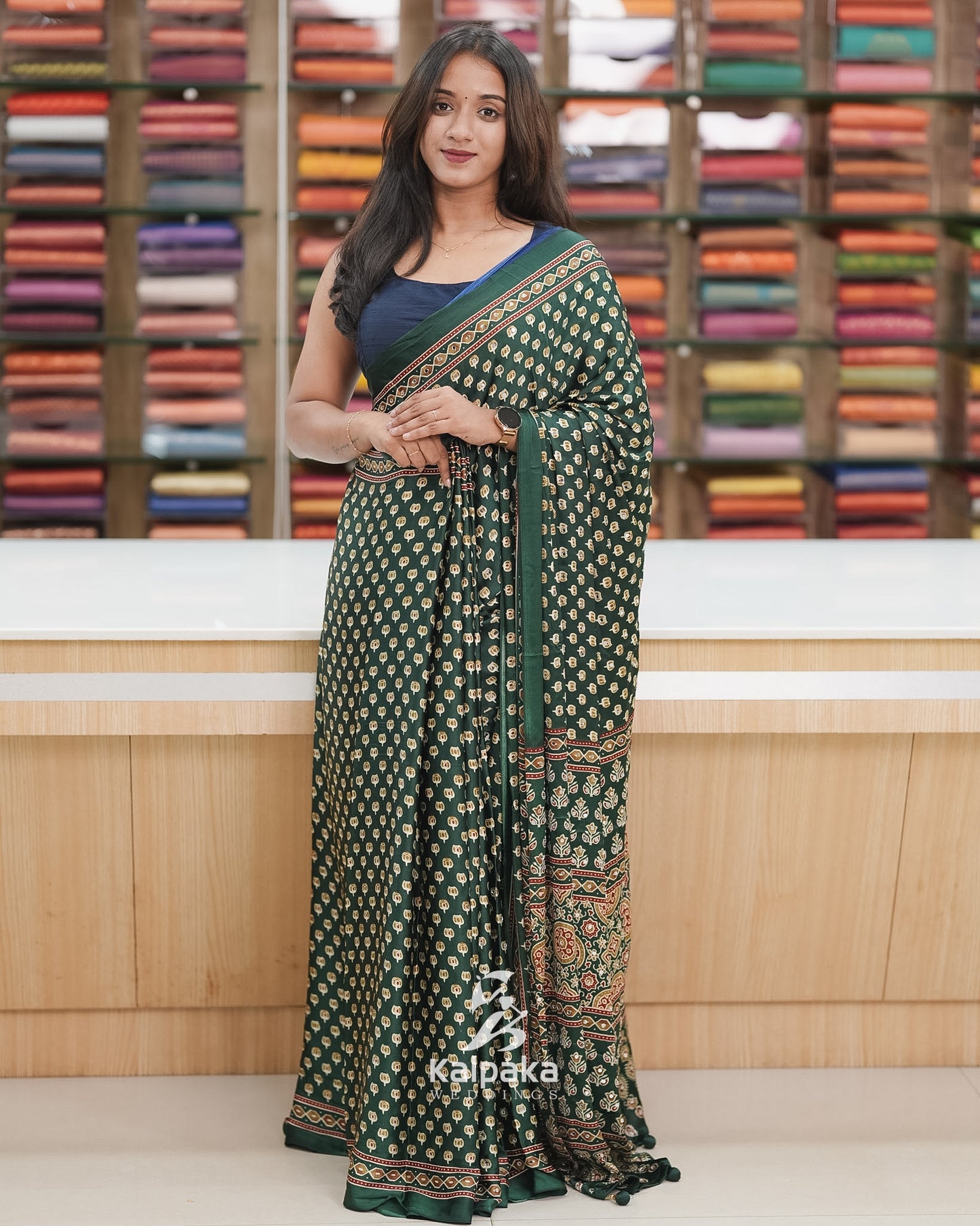 Semi-Modal Printed Saree with Mirror Highlights 🌷