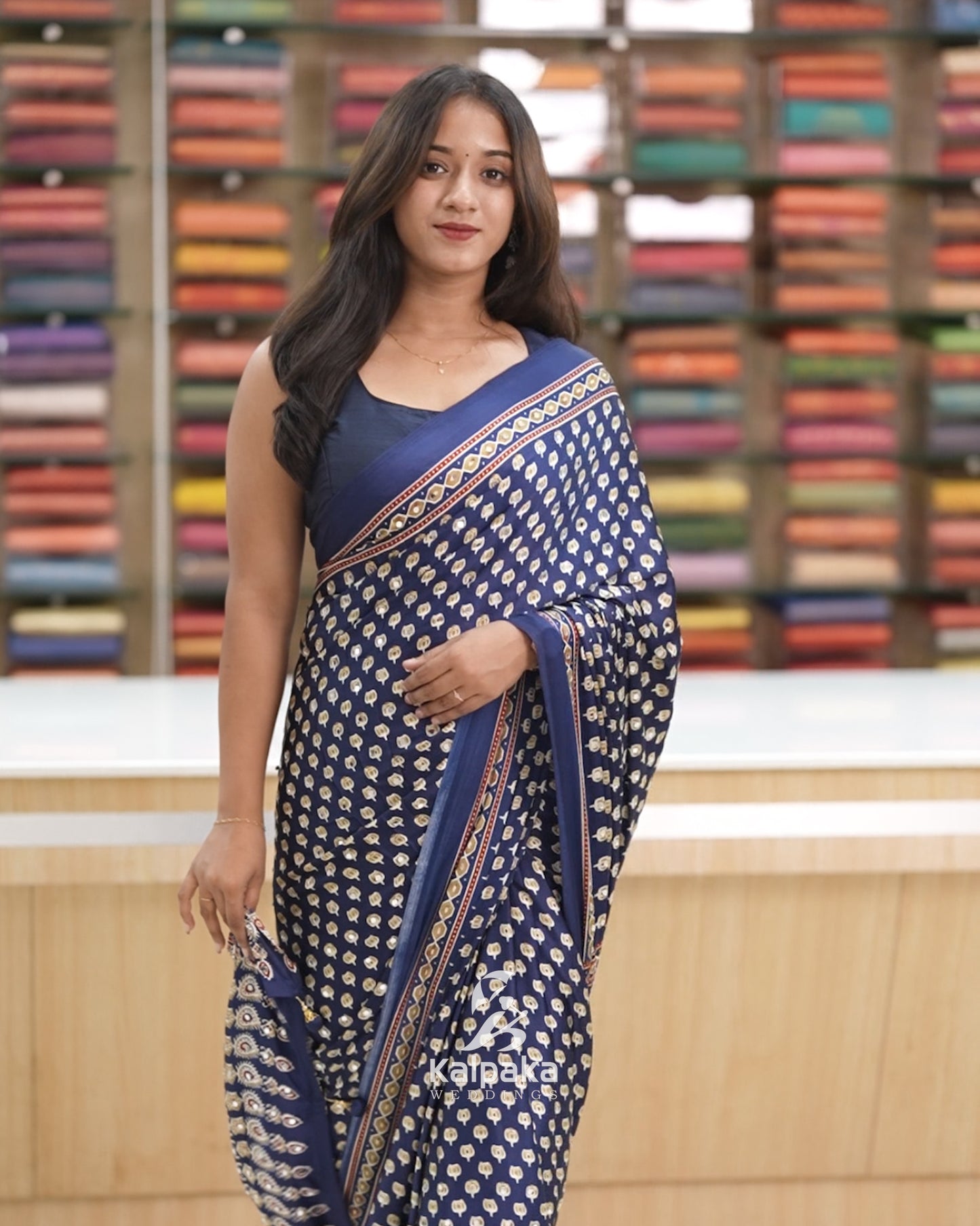 Semi-Modal Printed Saree with Mirror Highlights 🌷