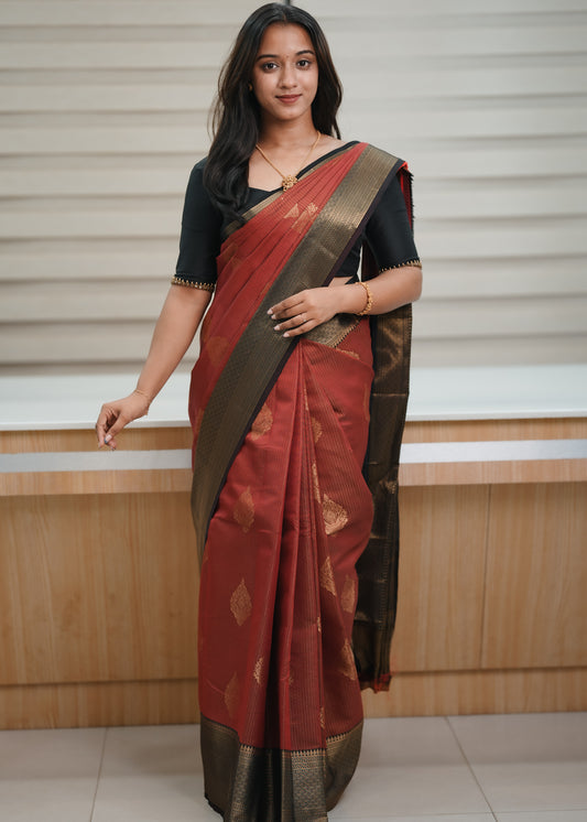 Brocade Silk Saree - Maroon with black Contrast Zari Border 🍂