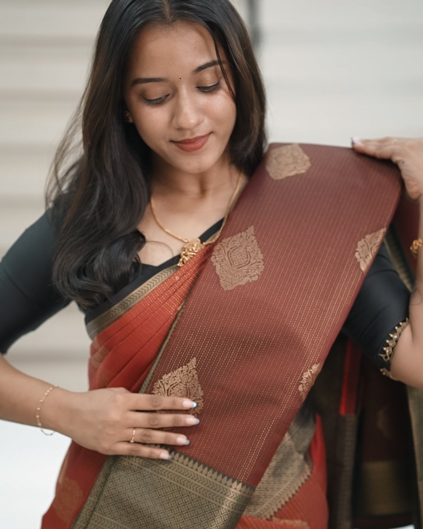Brocade Silk Saree - Brown with Green Contrast Zari Border 🍂