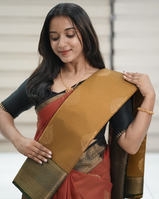 Brocade Silk Saree - Yellow with green Contrast Zari Border 🍂