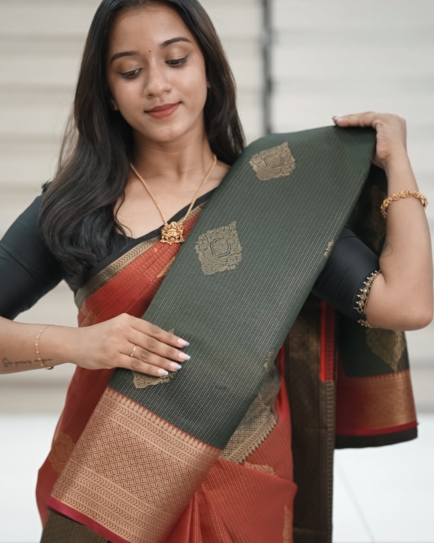 Brocade Silk Saree - Green with Maroon Contrast Zari Border 🍂