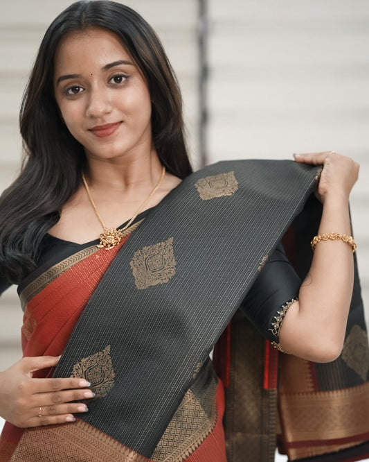 Brocade Silk Saree - Black with Maroon Contrast Zari Border 🍂
