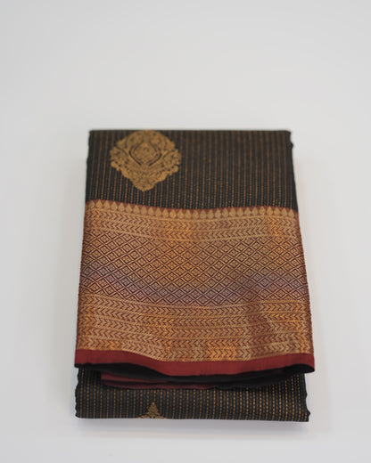 Brocade Silk Saree - Black with Maroon Contrast Zari Border 🍂
