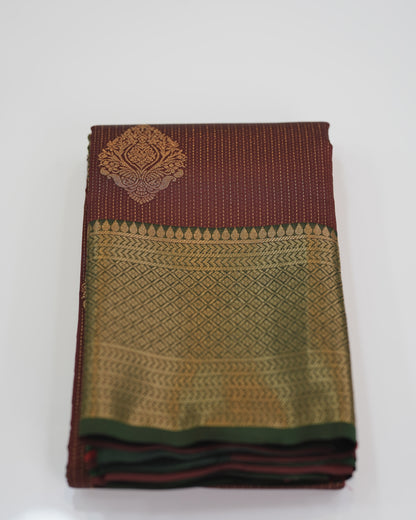Brocade Silk Saree - Brown with Green Contrast Zari Border 🍂