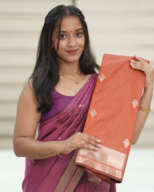 Checked Silk Saree-  Orange with golden zari border🍁