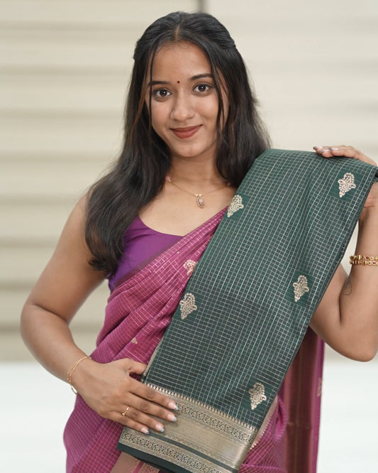 Checked Silk Saree-  Bottle Green  with golden zari border🍁