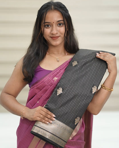 Checked Silk Saree-  Black with golden zari border🍁