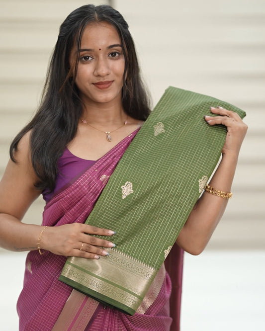 Checked Silk Saree-  Olive Green  with golden zari border