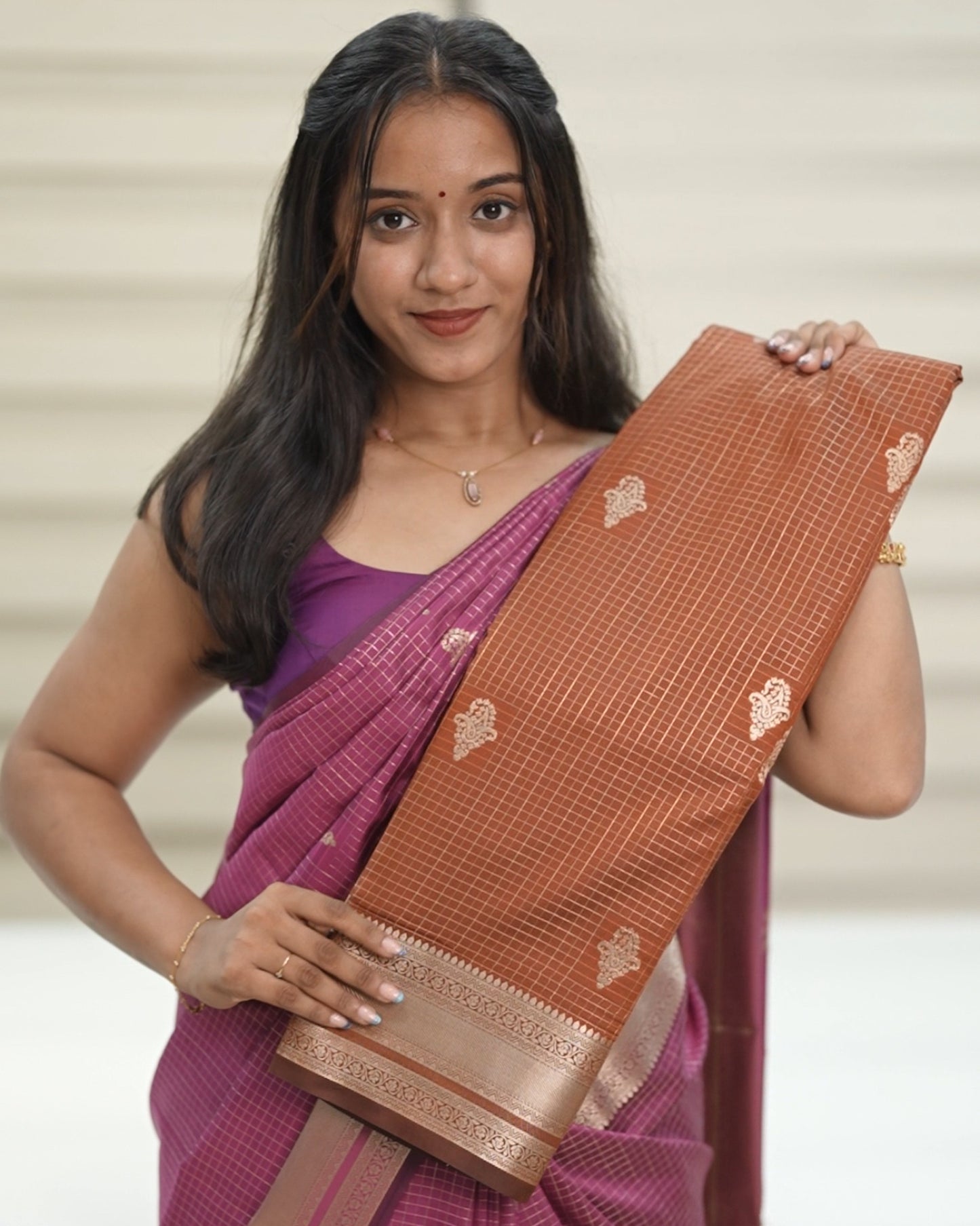 Checked Silk Saree-  Brick with golden zari border🍁