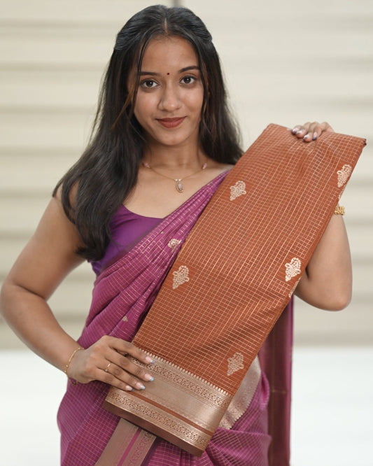 Checked Silk Saree-  Brick with golden zari border🍁