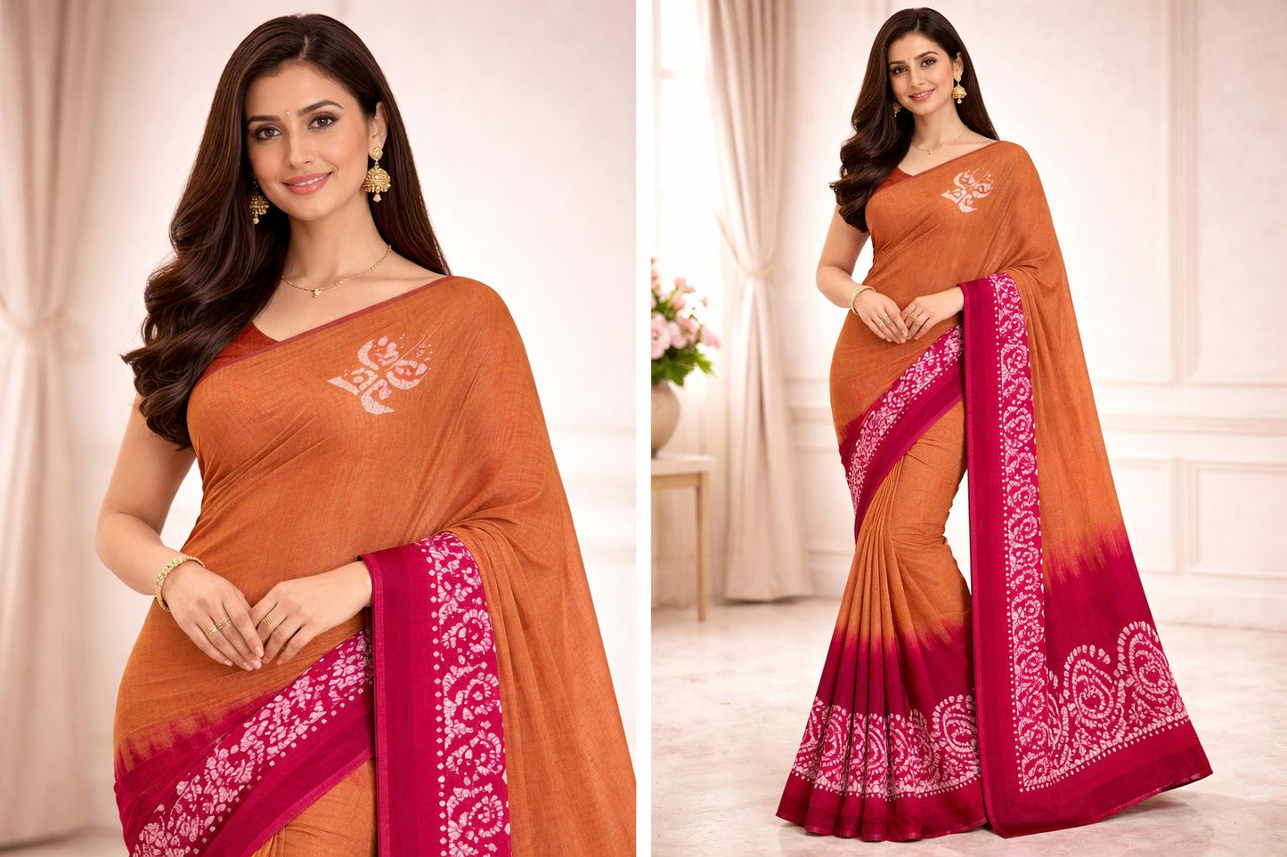 Hand Printed Cotton Saree – chikku  with pink Contrast Border 🌿