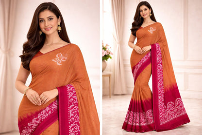 Hand Printed Cotton Saree – chikku  with pink Contrast Border 🌿