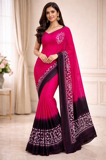 Hand Printed Cotton Saree – pink with blue Contrast Border 🌿