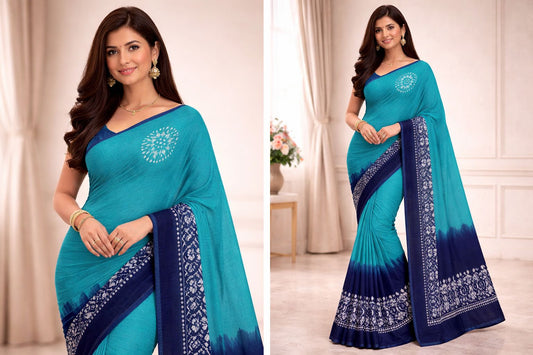 Hand Printed Cotton Saree – Teal with Navy blue Contrast Border 🌿