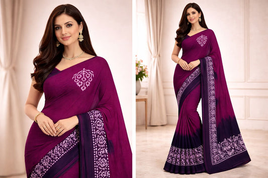 Hand Printed Cotton Saree – Grape with dark blue Contrast Border 🌿