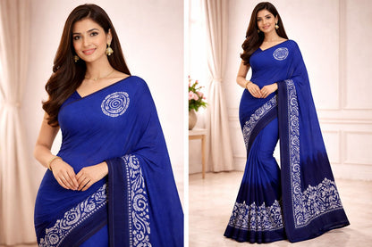 Hand Printed Cotton Saree – Blue with dark blue Contrast Border 🌿